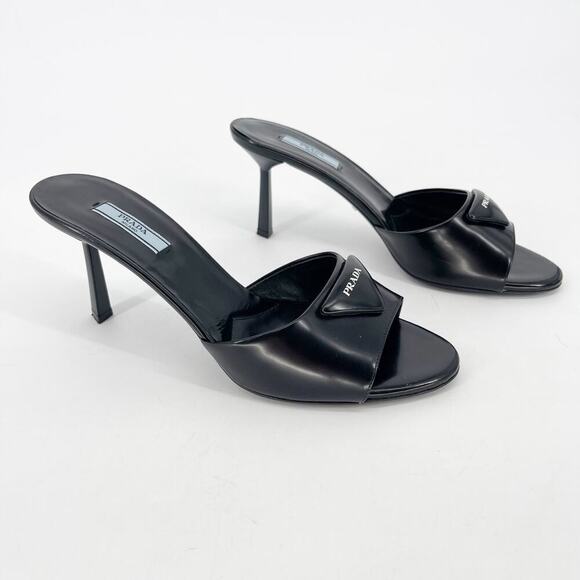 Prada Black Brushed Leather Padded Logo 75mm Open Toe Sandal Mule size IT 40 - Picture 1 of 12